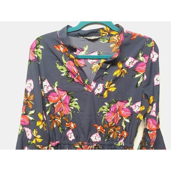 Hint of Blush Boho Floral Dress short Blue Pink long sleeves bell elastic waist - Picture 3 of 10